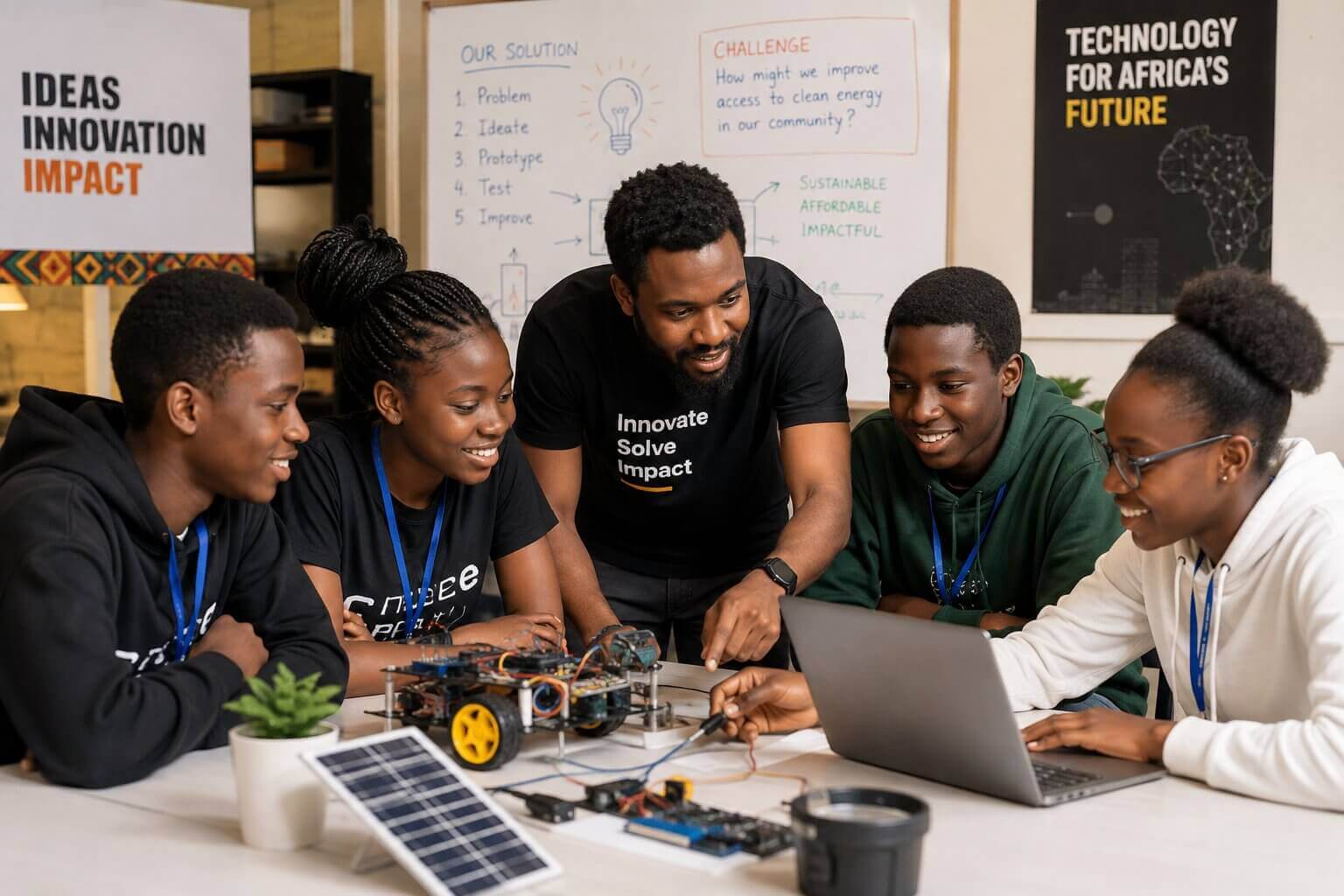 African students collaborating with technology mentor on innovation project