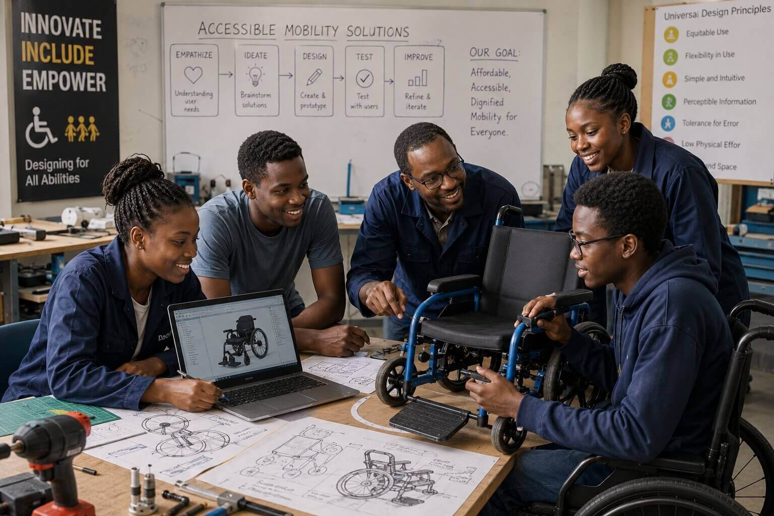Students designing accessible mobility solutions with engineering mentors